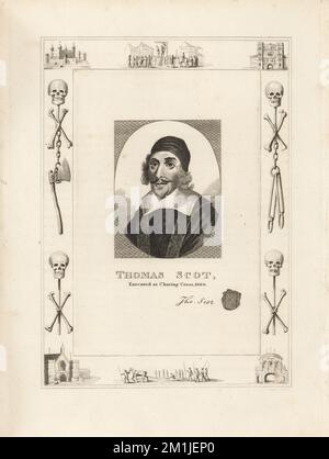 Thomas Scot, hingerichtet in Charing Cross 1660. Englischer Politiker und Königsmord, verurteilt und gehängt, gezogen und geviertelt. Mit seinem Autogramm und Siegel. In einem Rahmen, der mit Schädelknochen und Kreuzknochen, Ketten und Henkeraxt verziert ist, hing ein Mann an einem Gibbet in Tyburn, ein verurteilter Mann auf einem Schlitten, der Tower of London, Newgate Gefängnis. Gravur aus Kupferplatten von Robert Cooper aus James Caulfield's The High Court of Justice, London, 1820. Stockfoto