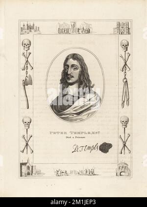 Peter Temple, Ritter. Starb als Gefangener im Tower of London 1663. Temple, ca.1599-1663, war ein englischer Politiker und einer der Königsregizide von König Karl I. von England. Mit seinem Autogramm und Siegel. In einem Rahmen, der mit Schädelknochen und Kreuzknochen, Ketten und Henkeraxt verziert ist, hing ein Mann an einem Gibbet in Tyburn, ein verurteilter Mann auf einem Schlitten, der Tower of London, Newgate Gefängnis. Gravur aus Kupferplatten von Robert Cooper aus James Caulfield's The High Court of Justice, London, 1820. Stockfoto