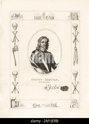 Henry Ireton, gestorben am 1651. November. Ireton, 1611-1651, war ein englischer Parlamentarischer General und Schwiegersohn von Oliver Cromwell. Als König Karls I. wurde sein Körper am Tyburn-Galgen gehängt und enthauptet. Mit seinem Autogramm und Siegel. In einem Rahmen, der mit Schädelknochen und Kreuzknochen, Ketten und Henkeraxt verziert ist, hing ein Mann an einem Gibbet in Tyburn, ein verurteilter Mann auf einem Schlitten, der Tower of London, Newgate Gefängnis. Gravur aus Kupferplatten von Robert Cooper aus James Caulfield's The High Court of Justice, London, 1820. Stockfoto