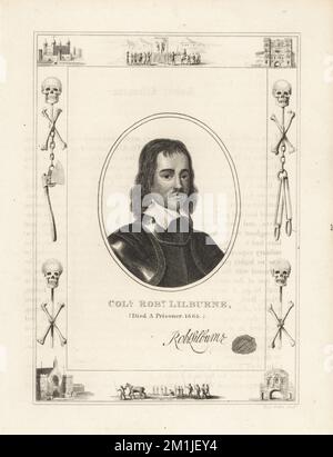 Colonel Robert Lilburne starb 1665 als Gefangener auf Drake's Island. Lilburne, 1613-1665, war ein englischer Parlamentarier, Leveller und König Karl I. Mit seinem Autogramm und Siegel. In einem Rahmen, der mit Schädelknochen und Kreuzknochen, Ketten und Henkeraxt verziert ist, hing ein Mann an einem Gibbet in Tyburn, ein verurteilter Mann auf einem Schlitten, der Tower of London, Newgate Gefängnis. Gravur aus Kupferplatten von Robert Cooper nach einem Porträt von Samuel Cooper aus James Caulfield's The High Court of Justice, London, 1820. Stockfoto