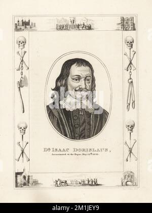 Doktor Isaac Dorislaus, ermordet in Den Haag von schottischen Royalisten am 2. Mai 1649. Dorislaus war niederländischer kalvinistischer Historiker und Anwalt, Königs Karls I. von England, 1595-1649. In einem Rahmen, der mit Schädelknochen und Kreuzknochen, Ketten und Henkeraxt verziert ist, hing ein Mann an einem Gibbet in Tyburn, ein verurteilter Mann auf einem Schlitten, der Tower of London, Newgate Gefängnis. Gravur aus Kupferplatten von Robert Cooper aus James Caulfield's The High Court of Justice, London, 1820. Stockfoto