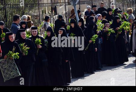 Orthodoxe christliche Nonnen, die in einer Prozession vom Grab der Jungfernkapelle zur Grabeskirche des Heiligen Grabes in Jerusalem spazieren. Stockfoto