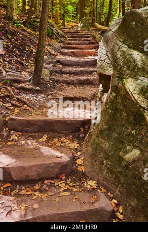 Steintreppen mit Felsbrocken auf einem Wanderweg, der sich durch den Herbstwald schlängelt Stockfoto