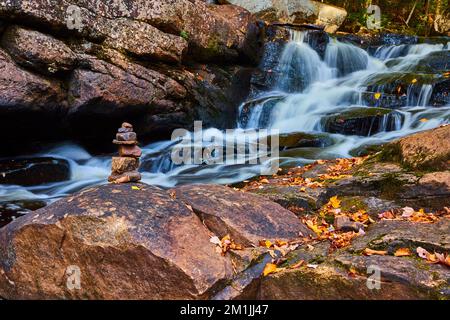 Kleine Steinkreide auf mit Blättern bedeckten Felsen entlang rauschender Wasserfälle Stockfoto