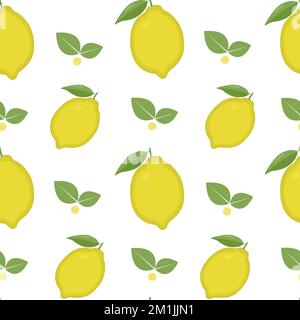 Nahtloses Muster aus gelber Zitrone und Blättern auf Weiß Stock Vektor