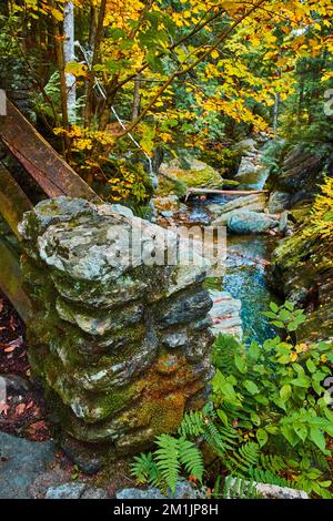 Steinblocksäule mit Moos bedeckt, umgeben vom Herbstwald Fluss Stockfoto