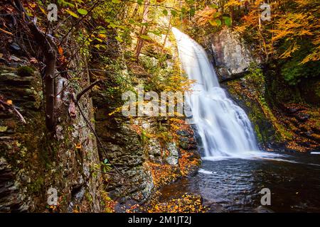 Wunderschöne Klippen mit goldenen Blättern umgeben einen großen Wasserfall im Wald Stockfoto