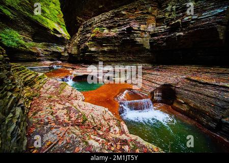 Magische Schlucht im Herbst mit atemberaubenden Wasserfällen im Bundesstaat New York Stockfoto