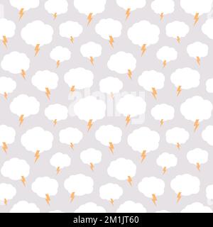 Handgezeichnetes, nahtloses Muster am bewölkten Himmel. Wolkenhimmel, Gewitterbild. Wolken mit blitzartiger Textildarstellung in flachem Stil. Stock Vektor