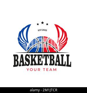Straßenbasketball-Illustration mit Flügeln. Logo des American Sports Basketball Clubs, Basketballclub. Turnier-Basketballclub-Emblem, Vorlagendesign. Stock Vektor