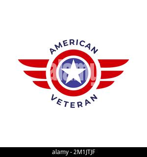 Flügelabzeichen mit US-Stern. Design-Vorlage für das Logo des Luftfahrt-Emblems. US-Militärveteran-Vektordarstellung Stock Vektor