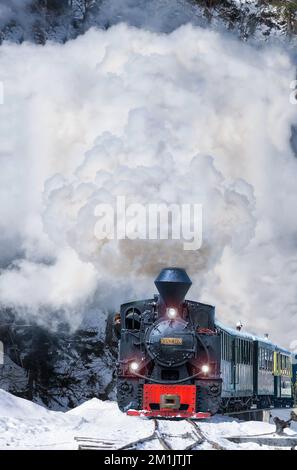 Eine Mocanita Dampfeisenbahn aus Rumänien an einem kalten Wintertag mit Schnee und Rauch Stockfoto