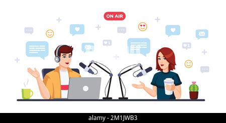 Podcast-Konzept. Podcaster, Mann und Frau, die mit Mikrofonen sprechen, nehmen Podcasts im Studio auf. Darstellung der flachen Vektordarstellung. Stock Vektor