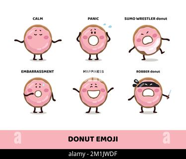 Pinkfarbene glasierte Donuts. Lustige, flache, einfache Emoji-Sticker für Kinder, Charaktere, Banner, Maskottchen. Emoji-Sammlung. Fast-Food-Zeichentrickfiguren. Doughnut bund Stock Vektor