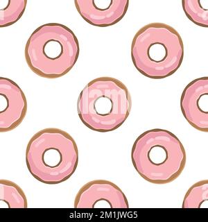 Nahtloses Ringmuster. Fast Food-Illustration in flacher Ausführung. Abbildung: Pinkfarbener Donut. Stock Vektor
