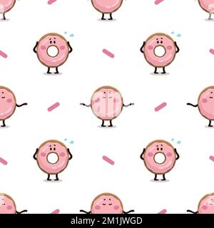 Nahtloses Ringmuster. Abbildung: Pinkfarbener Donut. Fast Food-Illustration in flacher Ausführung. Lustiges Kindermuster eines rosa glasierten Donuts. Donut Stock Vektor