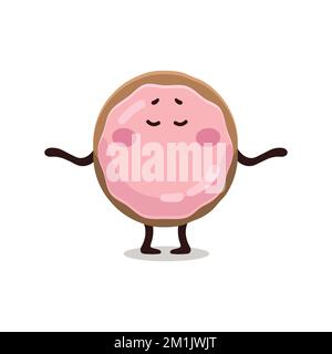 Das Emoji-Banner des lustigen Kindes mit pinkglasiertem Donut macht Yoga. Donut-Figur, Maskottchen, Illustration, Aufkleber. Stock Vektor