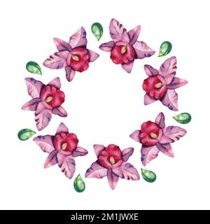 Orchideenkranz, runder Rahmen. Vorlage mit Blumendesign und Aquarell-Orchideenblumen und -Blättern. Darstellung der Vektorwasserfarben Stock Vektor