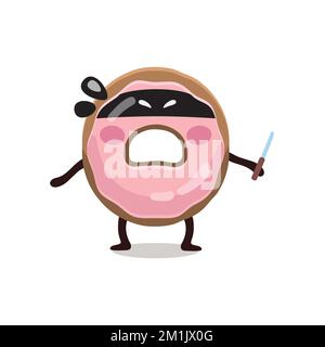 Die digitale Illustration des lustigen flachen Kindes, Sticker, Emoji, Charakter, Maskottchen eines pinkfarbenen, glasierten Banditen, Räuber, Dieb Donut mit Messer. Farbenfroher flacher Vektor i Stock Vektor