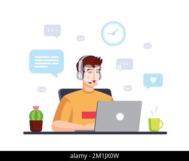 Mann mit Computer, Kopfhörern und Mikrofon. Konzeptdarstellung für Support, Unterstützung, Call Center. Callcenter-Mitarbeiter. Vektordarstellung in Stock Vektor