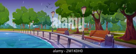 Kai im Stadtpark mit Regenlandschaft mit Flussbucht, Holzbänken, grünen Bäumen, Mülltonnen und Straßenlaternen bei nassem Regenwetter. Böschung Stock Vektor