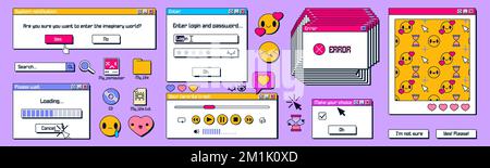 Y2K Fenster, Retro-Bildschirme in retrowave, Vaporwave-Vintage-Stil. Computerbrowser und Ladeprozessleiste, Videoplayer, fehlermeldungsfenster auf dem pc-Desktop Stock Vektor
