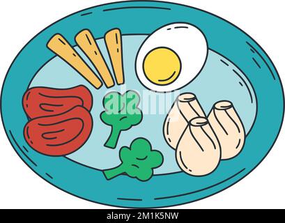 Mittagessen mit Dim Sum, Ei, Fleisch und Brokkoli. Darstellung traditioneller asiatischer Speisen. Zutaten der chinesischen Küche Stock Vektor