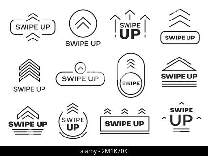 Wischen Sie nach oben über Symbole und Schaltflächen. Element der Anwendungsoberfläche, Website-Internetseite durch Ziehen und Scrollen verschieben, Symbole für Aktionen oder Gestenumrisse auswählen, Piktogramme mit dünnen Linien, minimale Schaltflächen mit Pfeilen nach oben Stock Vektor