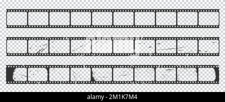 Alte Grunge-Film-Long-Strip- oder Vintage-Filmstreifen, Vektor-Video-Rollen-Frames. Retro-Video- oder -Fotorahmen mit zerkratzten Grunge-Rahmen und transparentem Hintergrund, Filmstreifen für Filmaufnahmen Stock Vektor