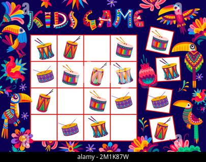 Sudoku-Spiel-Arbeitsblatt brasilianische Trommeln, Tukane und Blumen. Ein Vektorrätsel für Kinder mit Cartoon-Elementen im mexikanischen Alebrije-Stil auf einem Squaredboard. Kreuzworträtsel-Teaser für Kinder, Freizeitangebote, Boardgame Stock Vektor