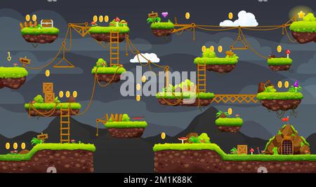 2D Kartenschnittstelle für Arcade-Spiele auf Nachtebene. Plattform, Treppe, Münzen, Bonus und Holzschilder. Retro-Arcade-Hintergrund, Vektorbildschirm für Computervideogame, 8bit-Gaming-App-Ebene mit Sprungplattformen Stock Vektor