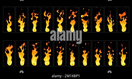 Animationsfilm zu Karikatur-Feuerflamme. Vektorfeuer-Brandphasen, Lagerfeuer-Feuereffekt. Rahmen für Brennerflammensequenz, leuchtendes Orange und gelbes Lagerfeuer leuchtende Animationselemente Stock Vektor