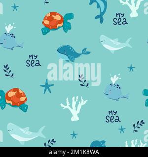 Vektor handgezeichnet, farbenfroh, kindisch, nahtlos wiederholend, einfaches abgewickeltes Muster mit Walen im skandinavischen Stil auf weißem Hintergrund. Süße Tierbabys. Stock Vektor