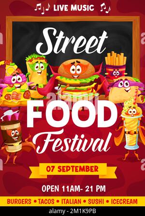 Flyer zum Street Fast Food Festival. Superhelden zum Mitnehmen. Fast-Food-Party oder Event-Poster mit Pizza, Burrito, Hamburger und pommes Frites, Taco, Kaffee zum Mitnehmen, süße Persönlichkeiten Stock Vektor
