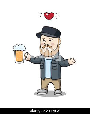 Bärtiger Mann mit Bierbecher. Der bärtige Karikaturist mit einem Bierbecher ist doolisch. Bierliebeskonzept. Oktoberfest-Illustration Stock Vektor