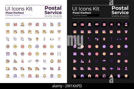 Pixel Perfect RGB-Farbsymbole für Postzustellung auf dunklen, hellen Modus eingestellt Stock Vektor