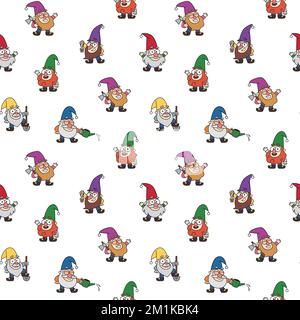Gartenzwerge mit nahtlosem Muster. Fröhliche kleine Gartenzwerge, Zwerge, Gärtner, Stoffdruck im Cartoon-Stil. Farbenfrohe Vektormärchen Kinder Illustration Stock Vektor