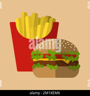 Flacher Hamburger und pommes frites Stock Vektor