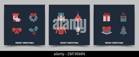 Weihnachtsgrußkarten Frohe Weihnachten auf dunklem Hintergrund. Symbolvorlagen mit Elementen, Socken, Schleife, Wein, Pullover, Glocken und Text. Vektordarstellung Stock Vektor
