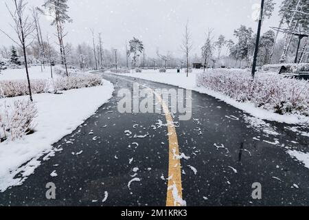 Wunderschöne Winterlandschaft mit Straßen und schneebedeckten Bäumen Stockfoto