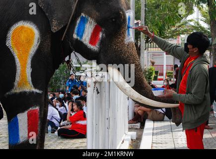 Ayutthaya, Thailand. 13.. Dezember 2022. Ein thailändischer Mahout malt Frankreichs Nationalflagge auf einem Elefanten vor einem Fußballspiel mit thailändischen Studenten (nicht abgebildet) an der Ayutthaya Wittayalai School in Thailands Provinz Ayutthaya, nördlich von Bangkok. Das Spiel wurde im Rahmen einer Kampagne durchgeführt, um die Weltmeisterschaft 2022 zu bewerben und während des Wettbewerbs vom Glücksspiel abzuhalten. Kredit: SOPA Images Limited/Alamy Live News Stockfoto