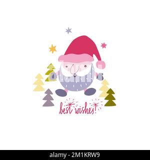 Süßer Weihnachtsmann mit handgezeichneten Buchstaben Herzliche Glückwünsche. Handgezeichnete Kawaii-Illustration. Stock Vektor