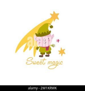 Süßer Weihnachtself mit Komet und handgezeichneten Buchstaben süße Magie. Handgezeichnete Kawaii-Illustration. Stock Vektor