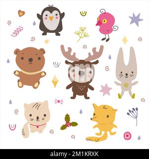Handgezeichnete niedliche Tierkollektion. Doodle isolierte Illustration mit Tieren. Stock Vektor