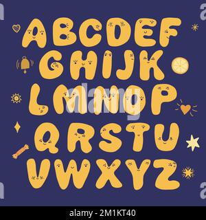 Niedliches handgezeichnetes Alphabet mit lächelndem Gesicht. Stock Vektor