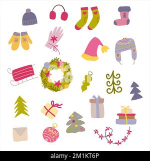 Sammlung handgezeichneter Winter- und Weihnachtsartikel im trendigen Doodle-Stil. Stock Vektor
