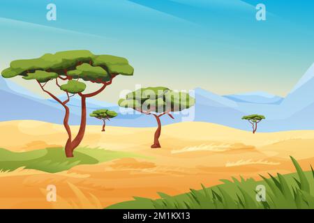 Afrikanische Savannah Landschaft, Safari mit Gras, Bäumen, Bergen, Sommerszene, Wilde Natur im Cartoon-Stil. Vektordarstellung Stock Vektor