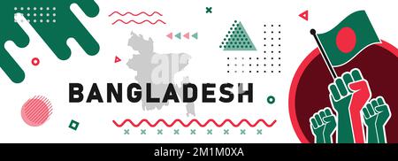 Banner für den Nationalfeiertag Bangladesch am 26. März in Flaggen-Farbthema mit Karte, erhobenen Fäusten und geometrischem Hintergrund in modernem Design. Stock Vektor