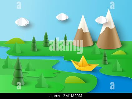 Papercut Natur Berglandschaft 3D Kunstvektor Stock Vektor