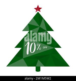 10 % RABATT. Zehn Prozent Rabatt. Grüner Weihnachtsbaum mit Trenddreieck 3D. Handgeschriebene kalligraphische Zahlen. Zu Weihnachten, Neujahr, WINTERANGEBOT Banner. Stock Vektor